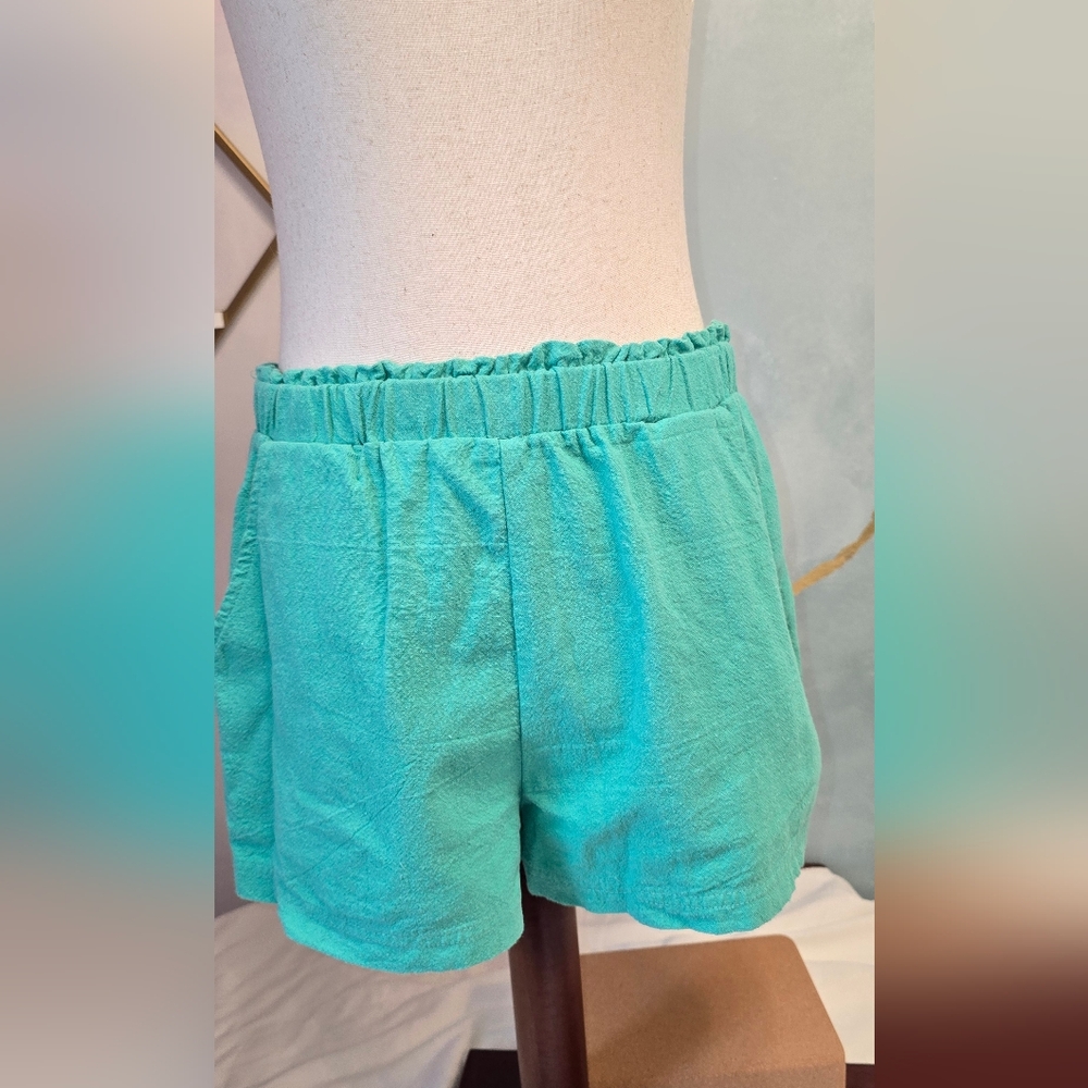 O'Neill Turquoise Linen Cotton Blend Elastic Waist Shorts M